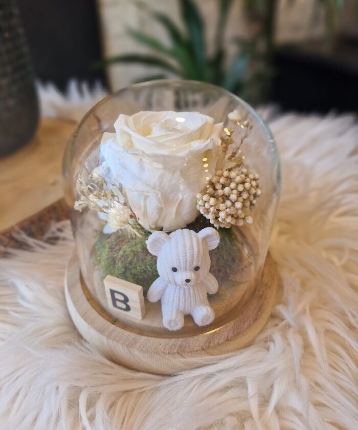 Idée-cadeau Fleur sous cloche pour naissance